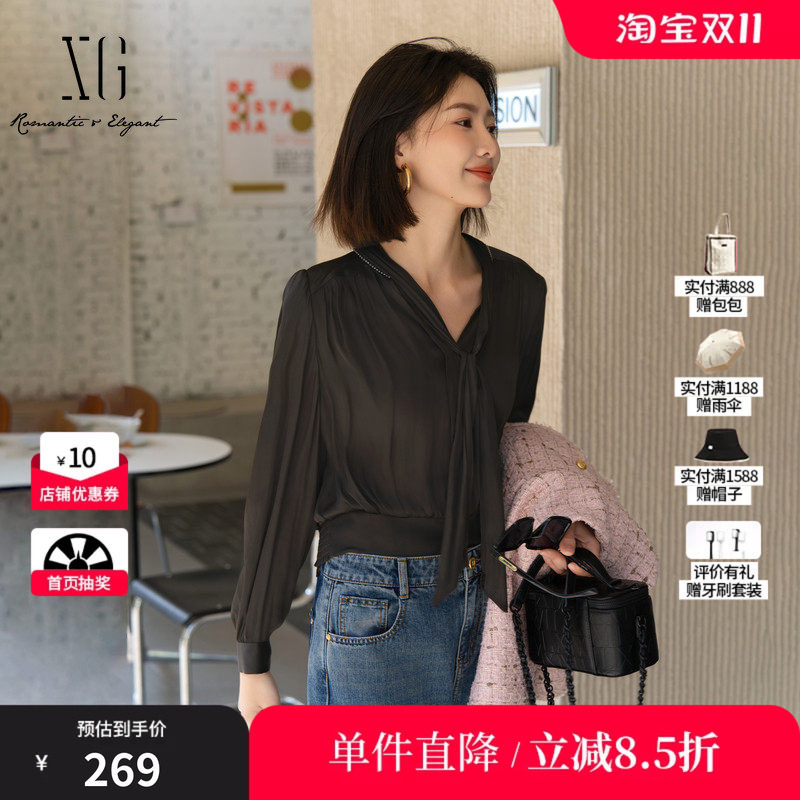 XG雪歌XK321026A390黑色系带长袖衬衫2025秋季新款通勤套头上衣女