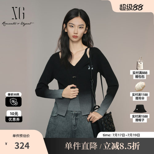 XG/雪歌XK311041B490 渐变假两件长袖毛针织衫感显瘦黑色毛衫女装