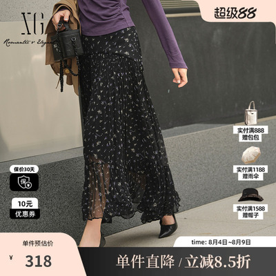 XG/雪歌XK303005B493淑女风碎花半身裙2025秋季新款长款A字裙女装