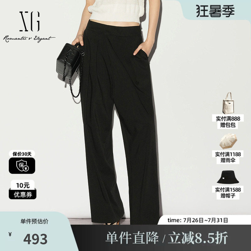 XG/雪歌XL202003A290 黑色直筒捏褶休闲裤通勤薄款中腰西装长裤女
