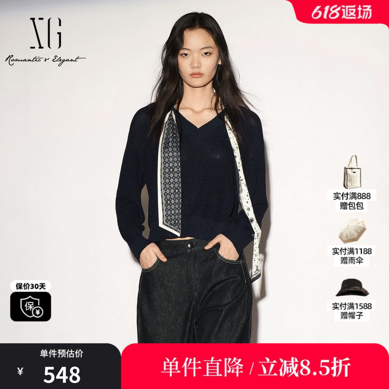 XG/雪歌XL311038A228藏青色配飘带V领长袖针织衫休闲简约毛衣女装