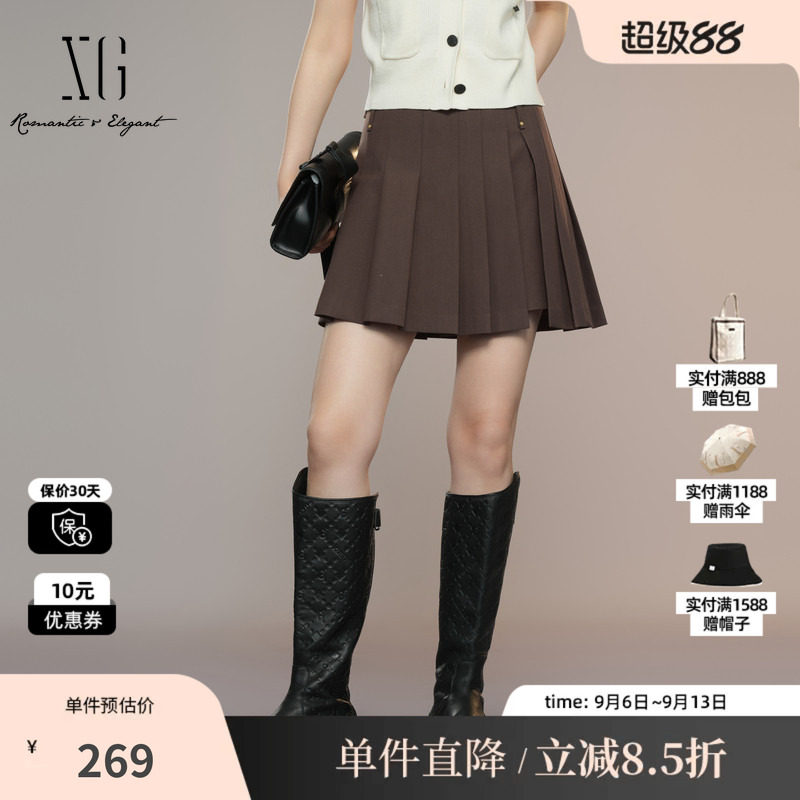 XG/雪歌XK303013A572深咖色半身裙2025秋季新款不规则百褶短裙女