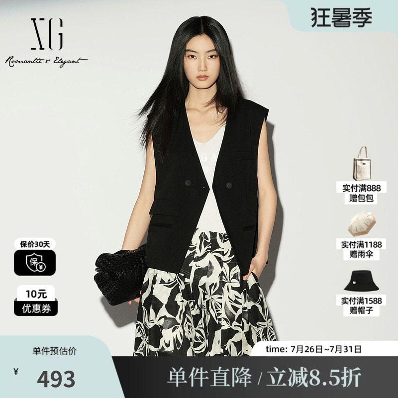 XG/雪歌XL224002A290黑色V领无袖西装马甲直筒薄款搭配外穿马夹女