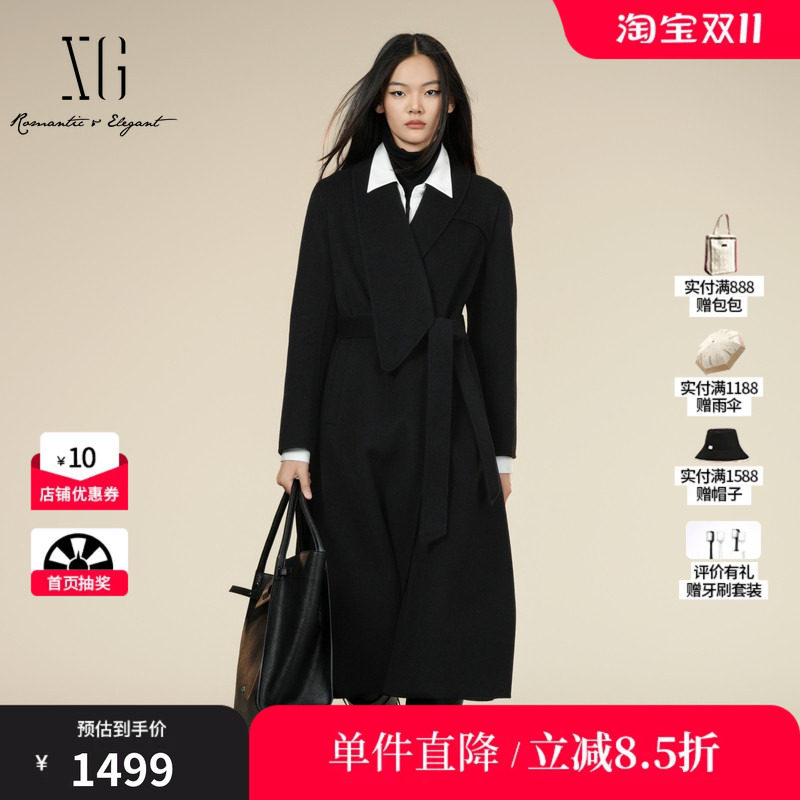 XG/雪歌XK410020A790 长款长款毛呢外套黑色系带羊毛混纺大衣女装
