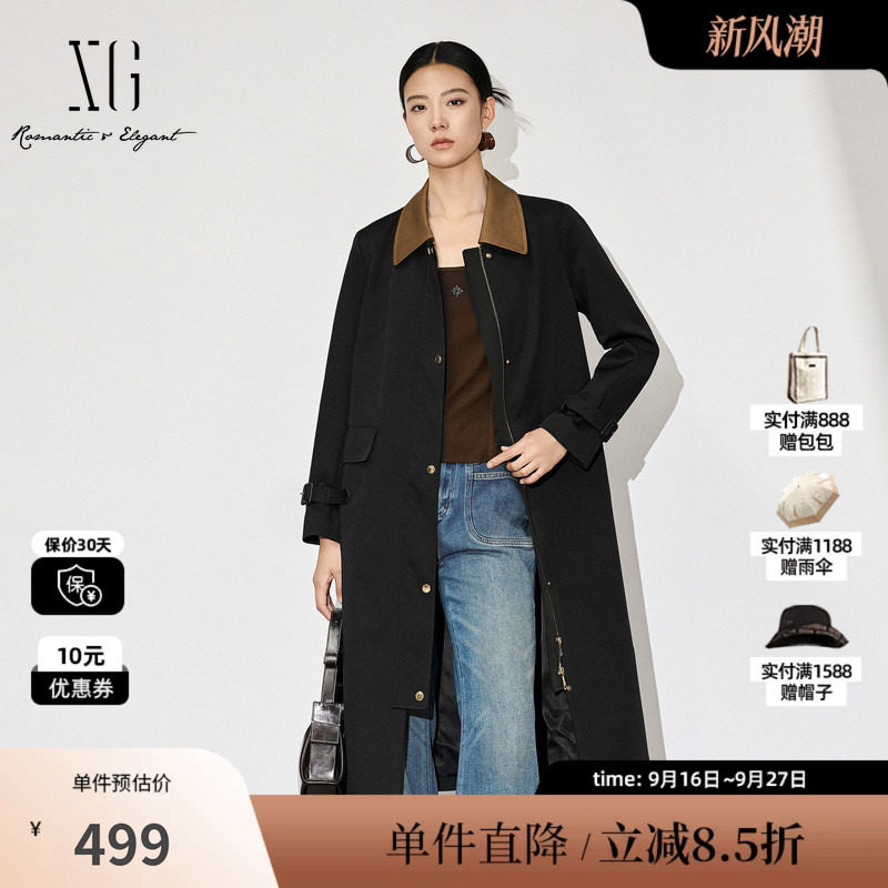 XG雪歌XK308005A690棉感翻领休闲风衣2025秋季新款长款收腰外套女