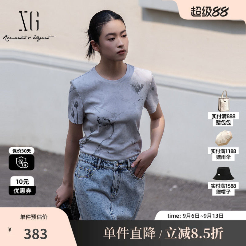 XG/雪歌XL201004B484灰色莱赛尔短袖T恤印花直筒圆领薄款上衣女装