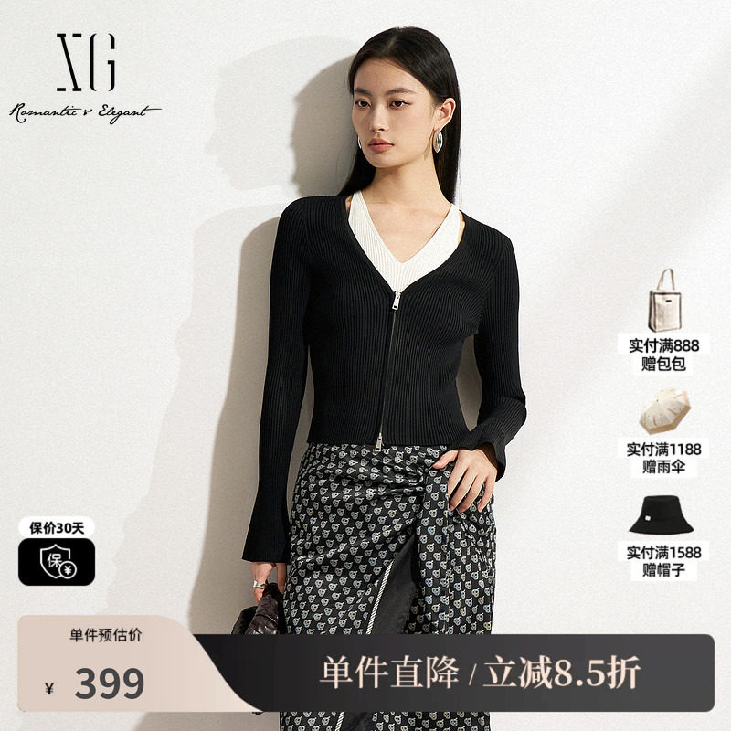 XG/雪歌XK111502A890 黑白色假两件针织衫修身显瘦套头长袖毛衣女