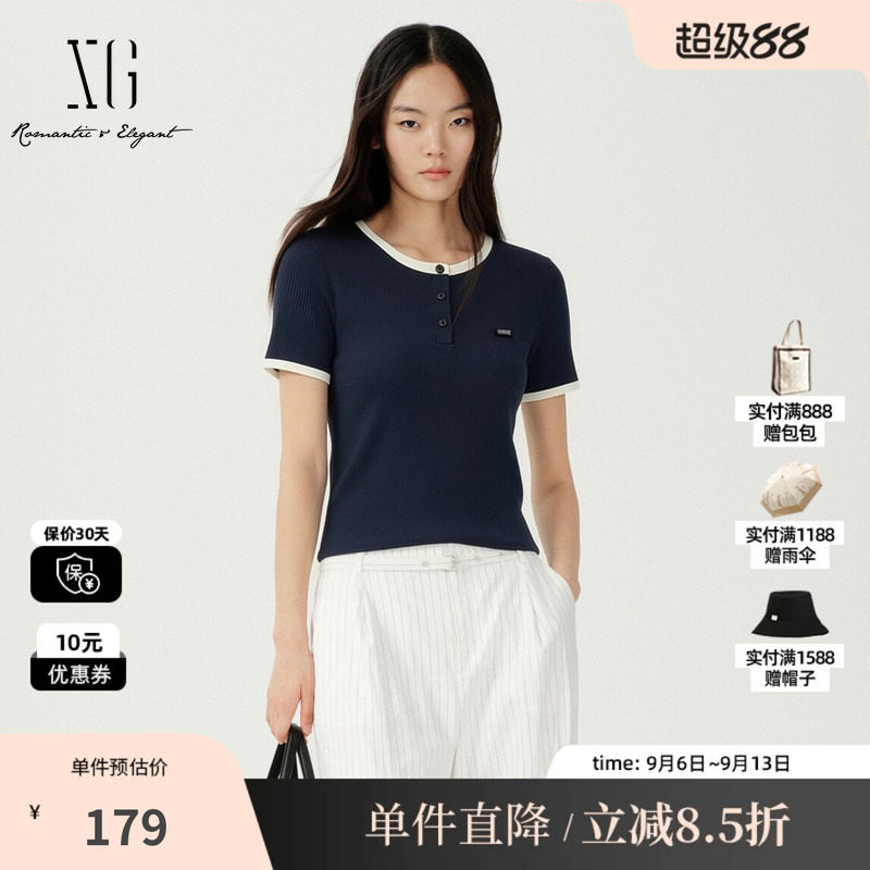 XG/雪歌XM201522A828藏青色撞色短袖T恤圆领纽扣修身打底上衣女装