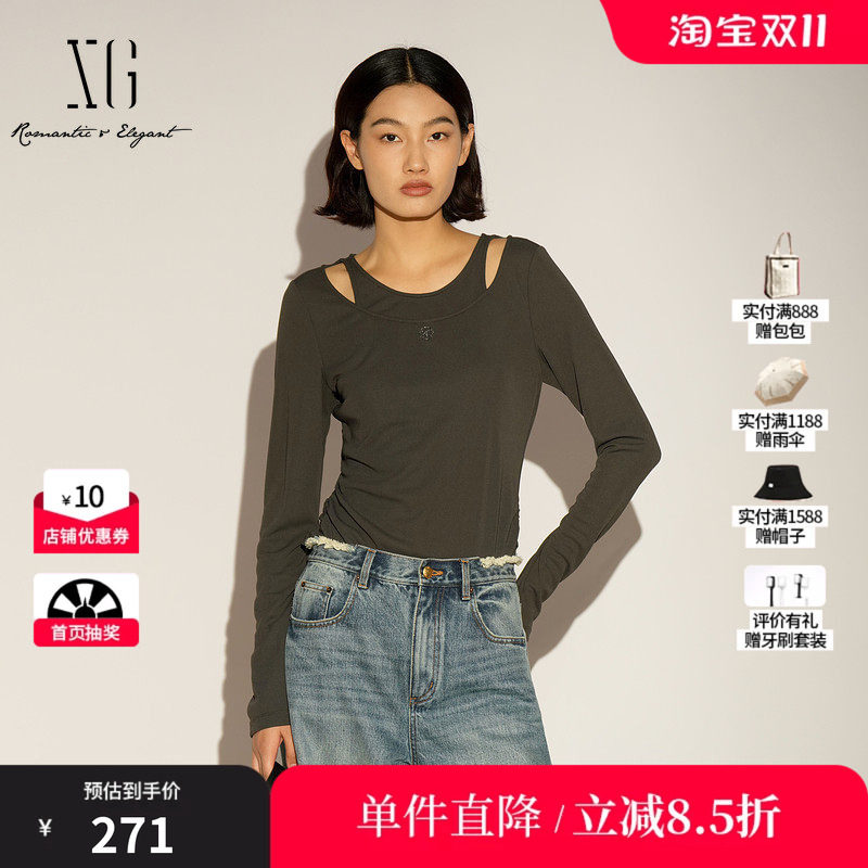 XG/雪歌XL101011A484灰色假两件长袖T恤圆领镂空修身直筒打底女装