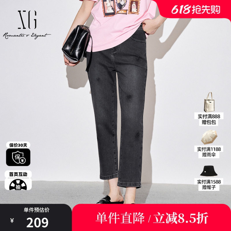 XG/雪歌XJ302019A290黑色弹力牛仔裤时尚秋季新款修身直筒长裤女