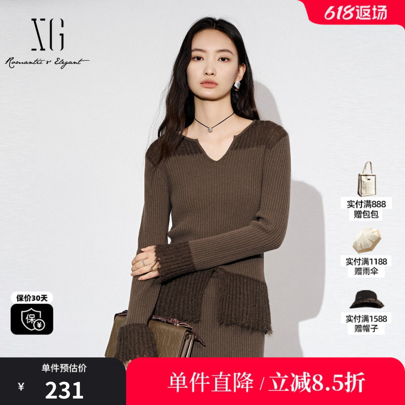XG雪歌XL311803A844长袖毛针织衫2025秋季新款纯棉羊毛拼接毛衫女