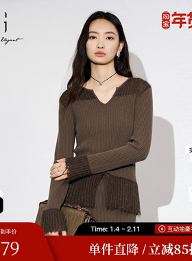 XG雪歌XL311803A844长袖毛针织衫2025秋季新款纯棉羊毛拼接毛衫女