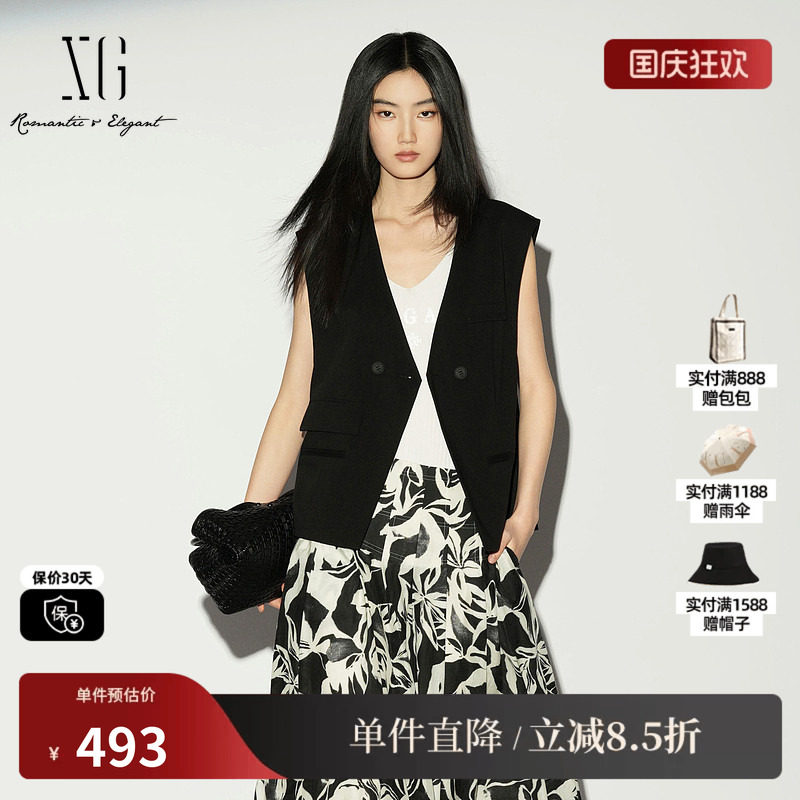 XG/雪歌XL224002A290黑色V领无袖西装马甲直筒薄款搭配外穿马夹女