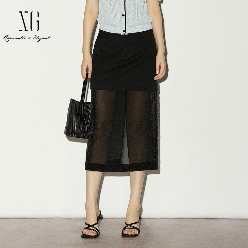 XG/雪歌XL203009A290黑色网纱拼接半身裙中长款透视A字直筒裙女装