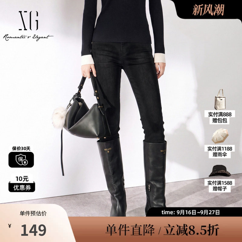 XG/雪歌 XJ412810A890黑色棉感修身直筒牛仔裤通勤休闲铅笔长裤女