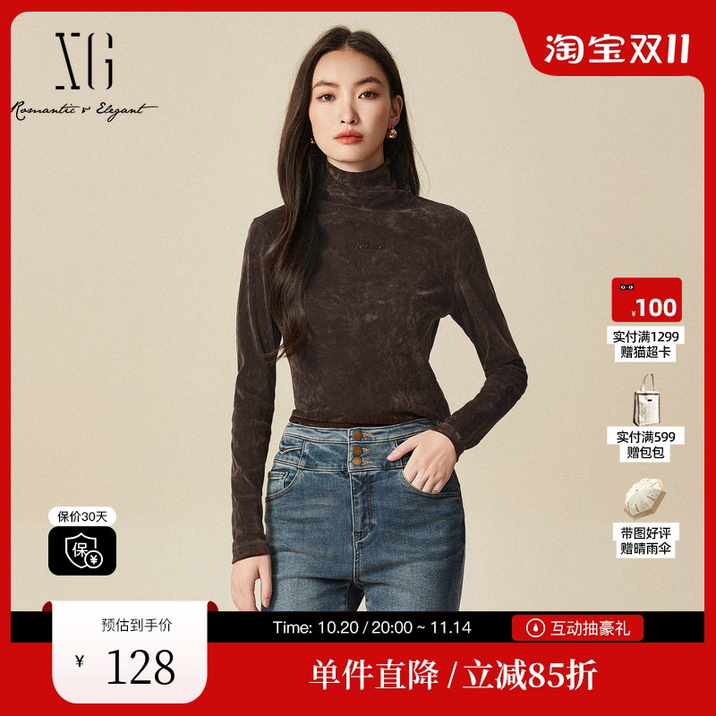 XG/雪歌XJ401045A172深咖色套头T恤时尚冬季新款高领长袖上衣女装