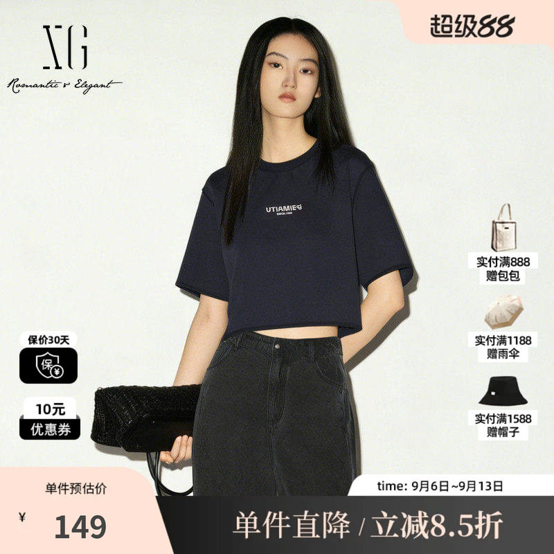 XG/雪歌XK201544A828藏青色短袖T恤宽松直筒短款显瘦高腰休闲女装