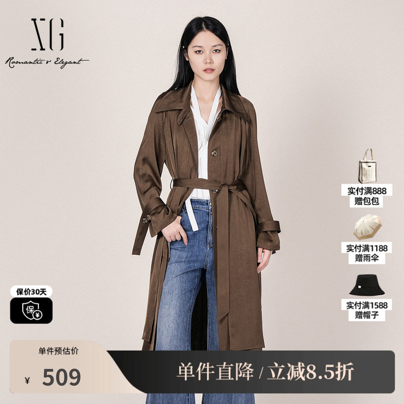 XG/雪歌XL108008A409 咖色直筒中长风衣衬衫领垂感高级休闲外套女