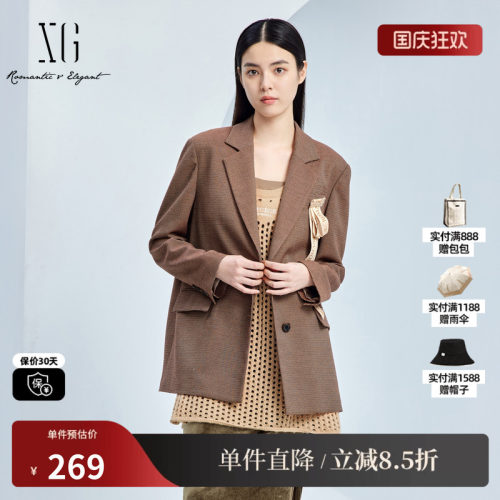 XG/雪歌XJ307007B695长袖休闲西装时尚秋季新款复古格纹外套女装