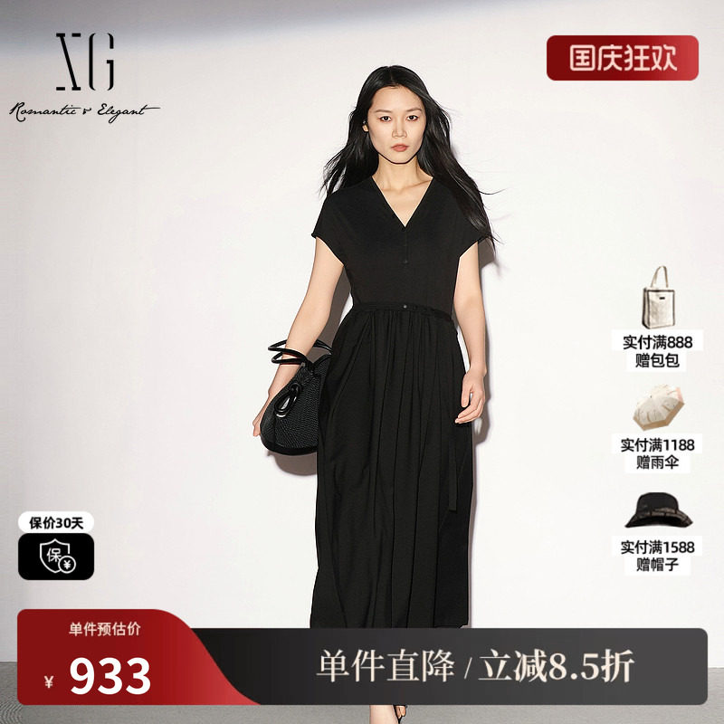 XG/雪歌 XL204020A290黑色V领短袖连衣裙配腰带衬衫领薄A字伞裙女