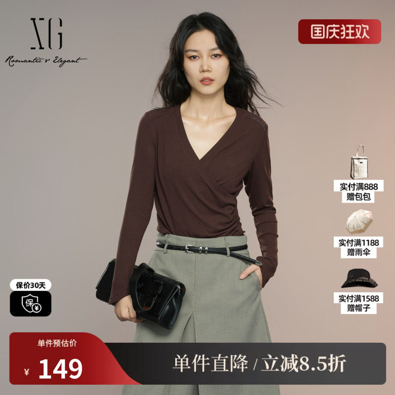XG雪歌XK301007A572深咖色长袖T恤2025秋季新款V领设计薄款上衣女