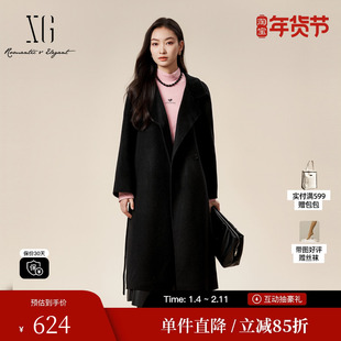XG雪歌XK410821A890黑色长袖毛呢外套时尚冬季新款纯绵羊毛大衣女
