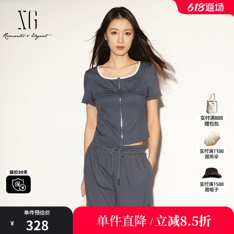 XG/雪歌XL201027B983深灰色方领短袖T恤短款拉链修身薄款开衫女装