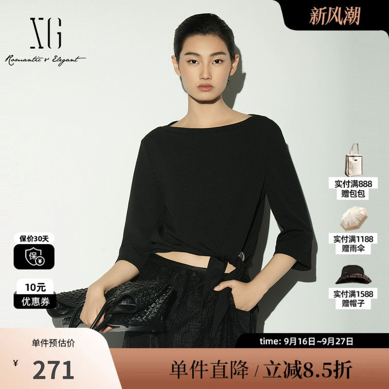 XG/雪歌XL121006A590 黑色圆领中袖衬衫直筒绑带配胸针短款上衣女
