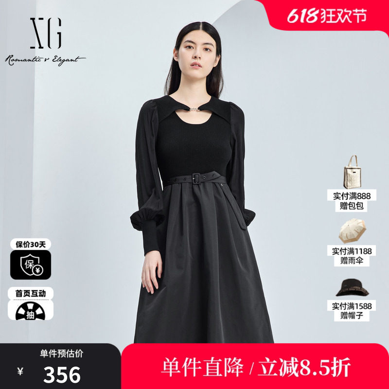 XG/雪歌XJ311038A590黑色长袖连衣裙时尚秋季新款中长款A字裙女装