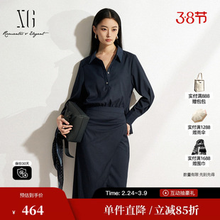 XG雪歌XK104006A328藏青色连衣裙2025春季新款假两件长袖衬衫裙女