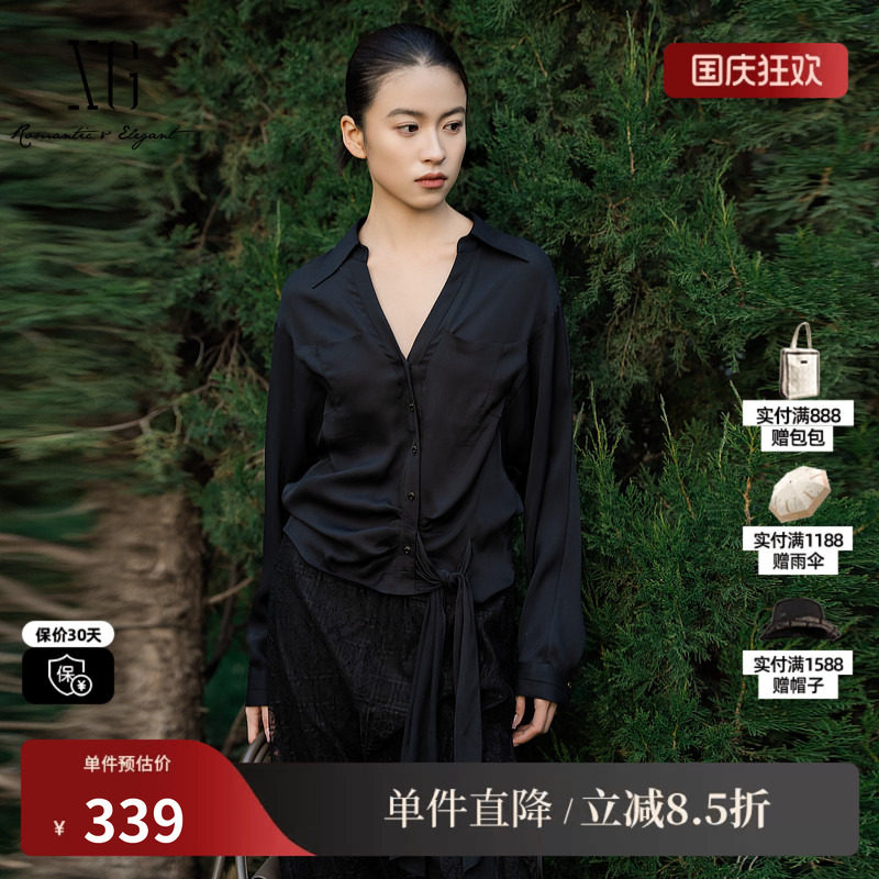 XG/雪歌XL121020A490醋纤翻领绑带衬衫黑色V领长袖收腰短上衣女装