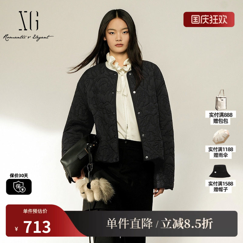XG/雪歌 XL407005A190黑色圆领单排扣直筒棉衣外套保暖一手长女装