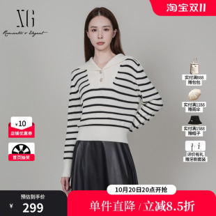 XG/雪歌XK411082B999 黑白条纹大翻领长袖针织衫套头直筒减龄女装
