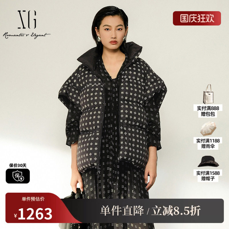 XG/雪歌 XL406026B290黑色波点立领白鸭绒羽绒马夹外套直筒保暖女