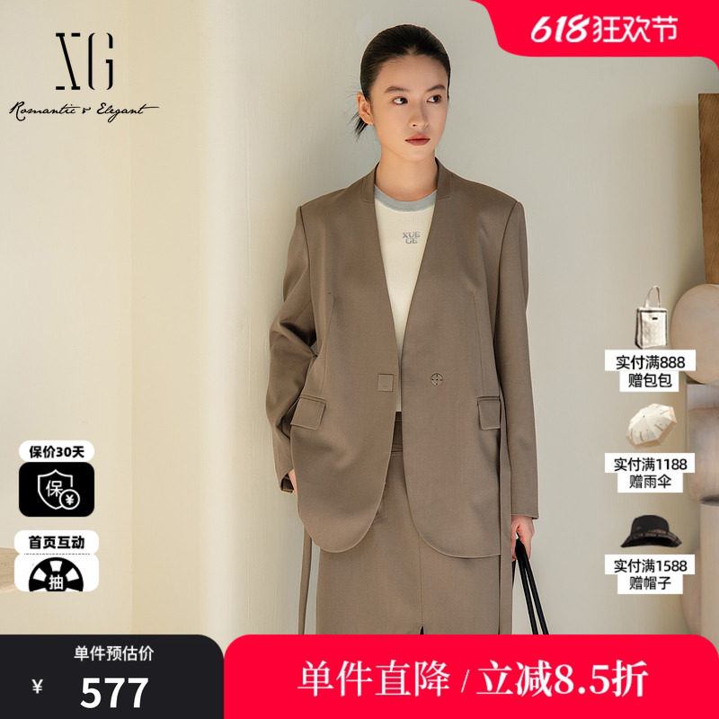 XG/雪歌XL107011A285 灰绿色羊毛混纺休闲西装通勤收腰长袖外套女