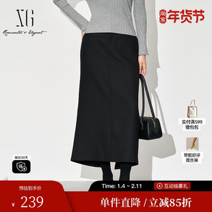 XG雪歌XJ403037A390高腰绵羊毛半身裙2025冬季新款中长款直筒裙女