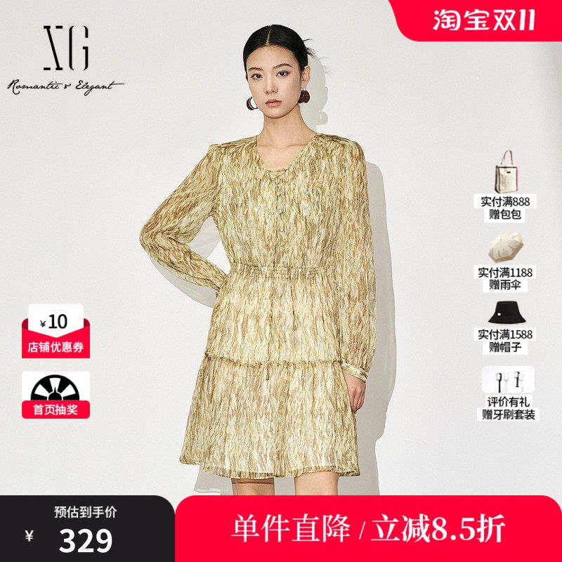 XG/雪歌XK304007B894微透印花连衣裙2025秋季新款碎花中长裙女装