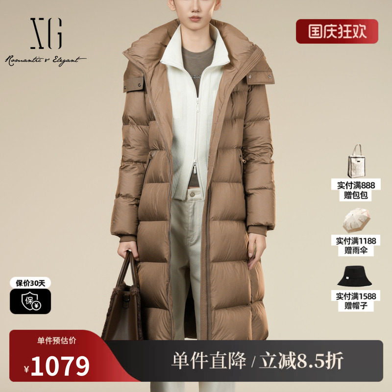 XG雪歌XK406009A609中长款鹅绒羽绒服2025冬季新款连帽长袖外套女