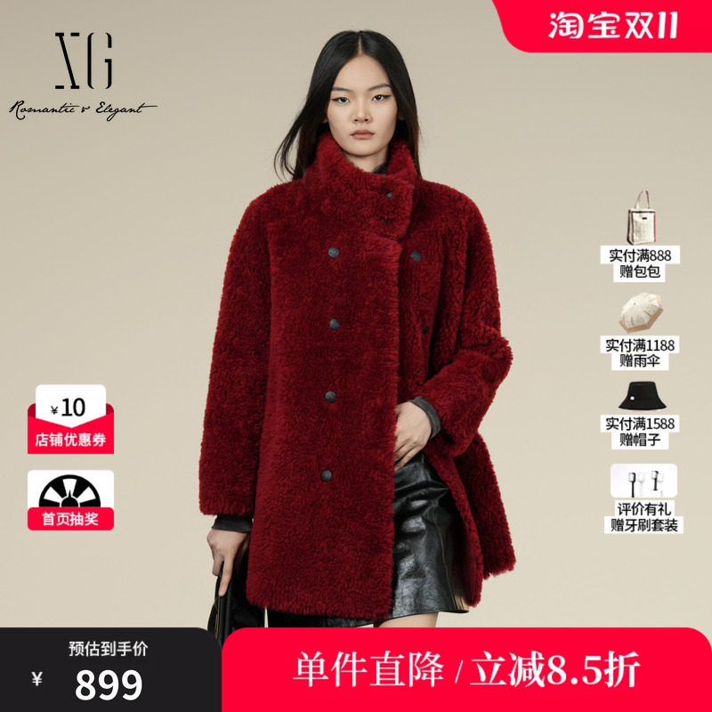 XG/雪歌 XK407002A713红色100%绵羊毛立领皮草毛呢外套一手长女装