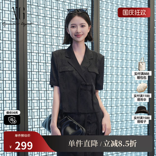 XG/雪歌XK221003A690 黑色暗纹国风短袖衬衫外套盘扣西装薄上衣女