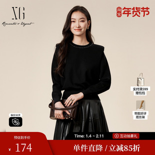 XG雪歌XK411804A890钉珠长袖毛针织衫时尚冬季新款黑色修身毛衫女