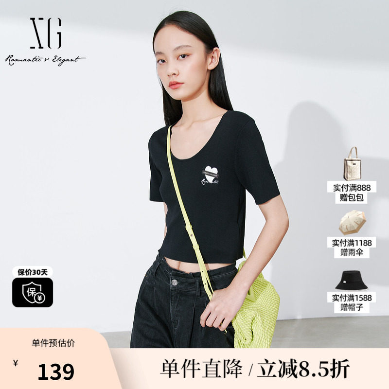 XG雪歌XL111007A490短款黑色毛针织衫2025秋季新款修身套头毛衫女