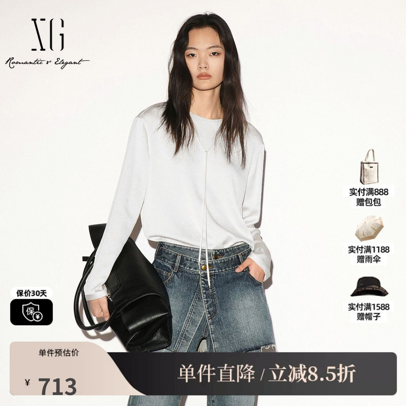 XG/雪歌 XL321009A291米白色系带圆领长袖套头衬衫宽松直筒简约女