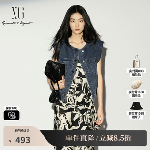 XG/雪歌 XL224003A219牛仔蓝色棉感无袖马夹直筒搭配圆领薄马甲女