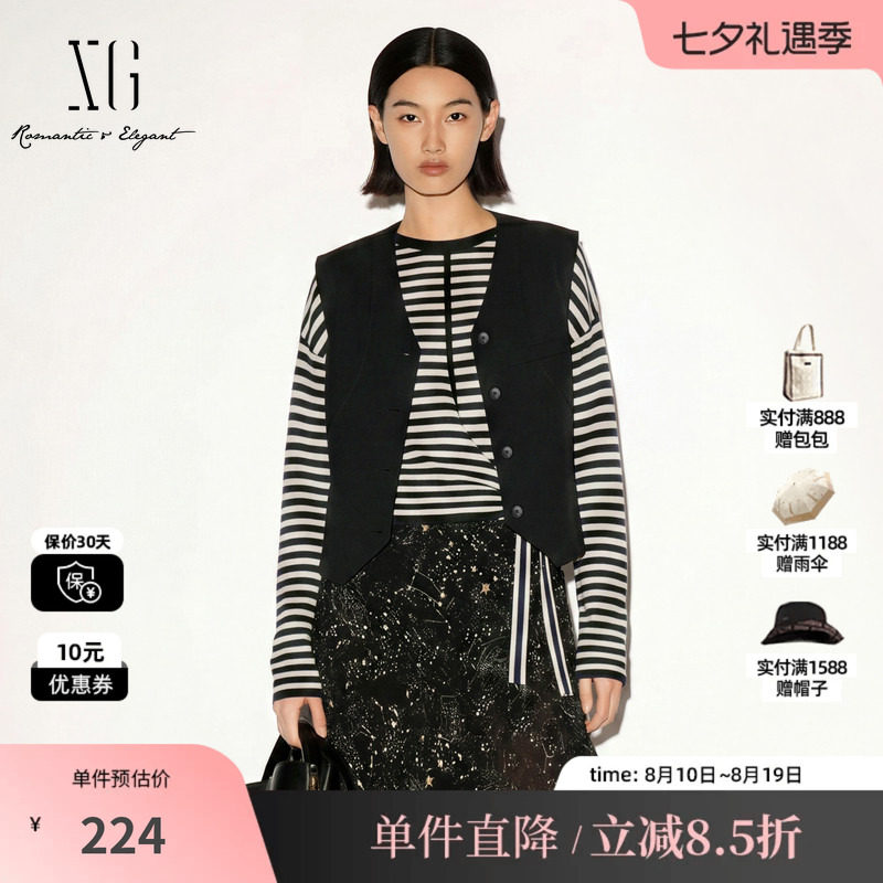 XG/雪歌XK324721A890黑色V领单排扣西装马夹直筒休闲通勤外套女装