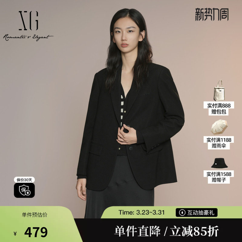 XG雪歌XK307025A690黑色长袖休闲西装2025秋季新款挺括西装外套女