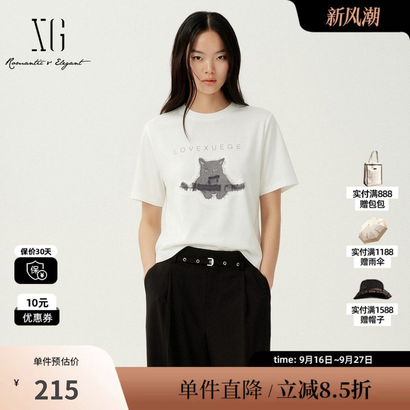 XG/雪歌XM201530A851白色小猫咪短袖T恤基础百搭直筒短款上衣女装
