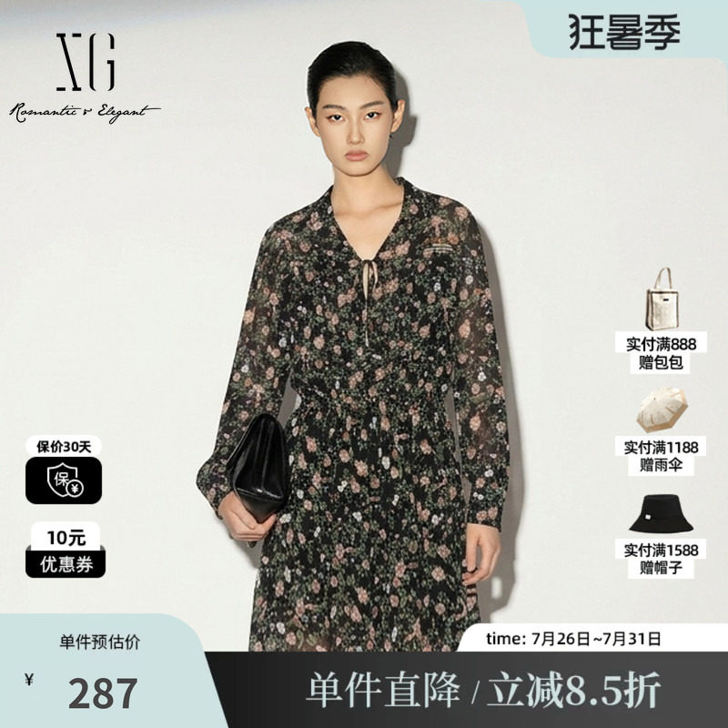 XG/雪歌XJ204560B806花版翻领长袖连衣裙碎花薄款休闲A字中裙女装