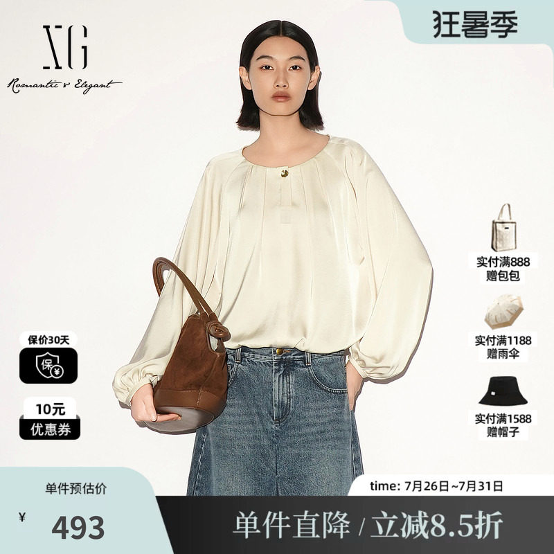 XG/雪歌 XL321027A351米白色缎面圆领长袖衬衫气质高级泡泡袖女装