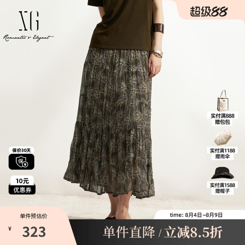 XG/雪歌XM203537B806花版松紧腰A字半身裙百褶民俗风休闲长裙女装